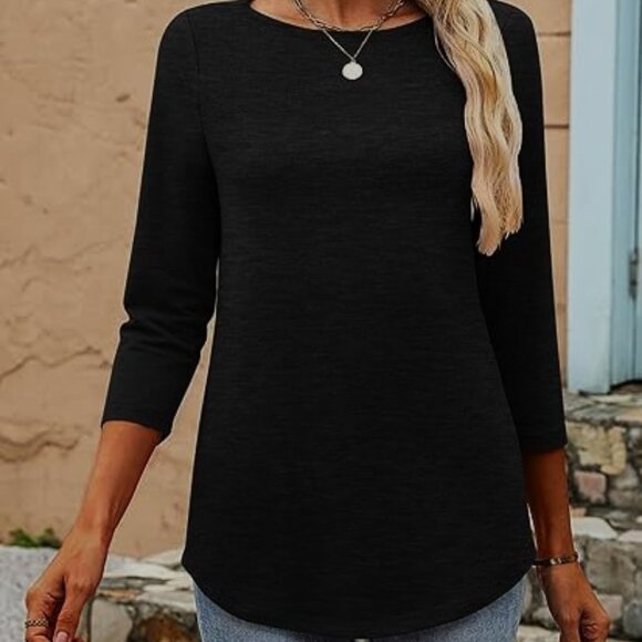 Womens 3/4 Length Sleeve Tops Tee T-Shirts Boat Neck Tunic Travel Basic Blouses - Picture 3 of 4